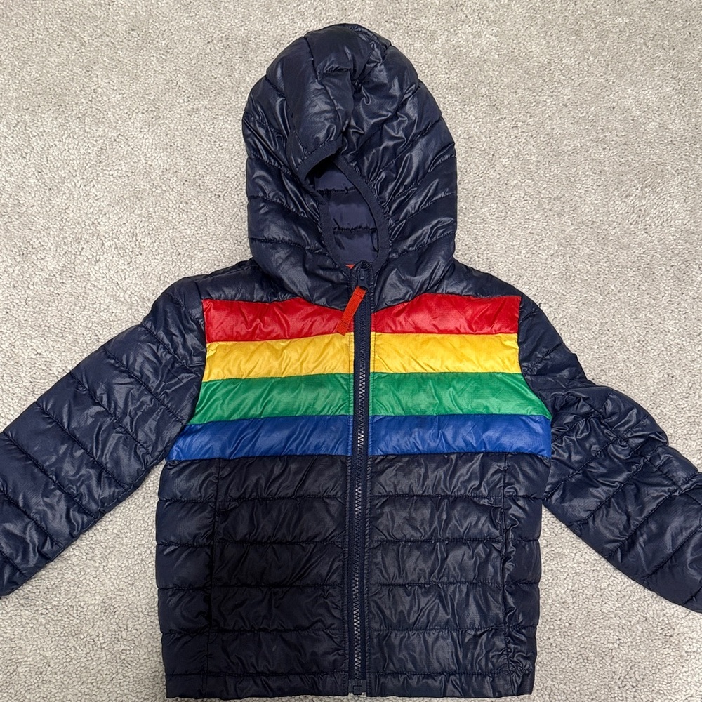 Kids Primary Navy Puffer with Rainbow Stripes size 3